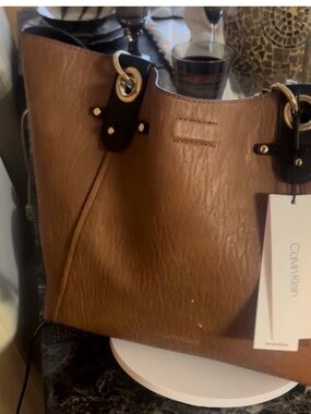 Calvin Klein Tan Shoulder Tote with Black Trim